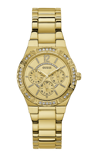 Женские часы GUESS W0845L2 спортивные, круглые, бежевые с камнями и гарантией 24 месяца