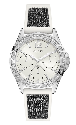 Годинник жіночий GUESS W1096L1 fashion, круглий, білий з камінням та гарантією 24 місяці