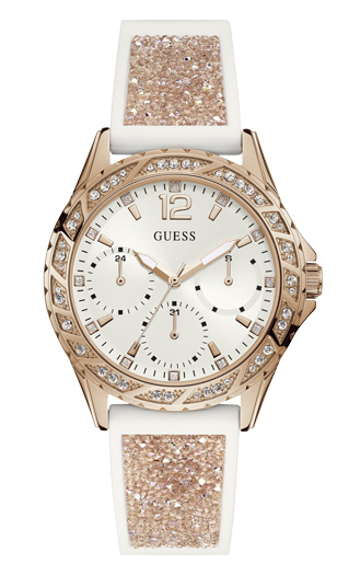 Женские часы GUESS W1096L2 спортивные, круглые, белые с камнями и гарантией 24 месяца