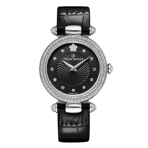 Годинник жіночий CLAUDE BERNARD 20504 3P NPN2 класичний, круглий, чорний з камінням и гарантией 24 мес