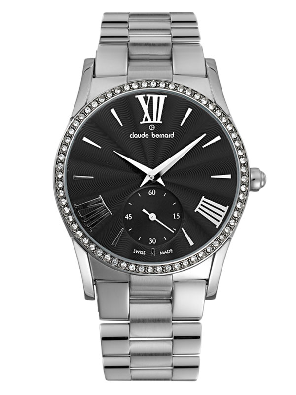 Годинник жіночий Claude Bernard 23092 3P NIN класичний, круглий, чорний з камінням та гарантією 24 місяці