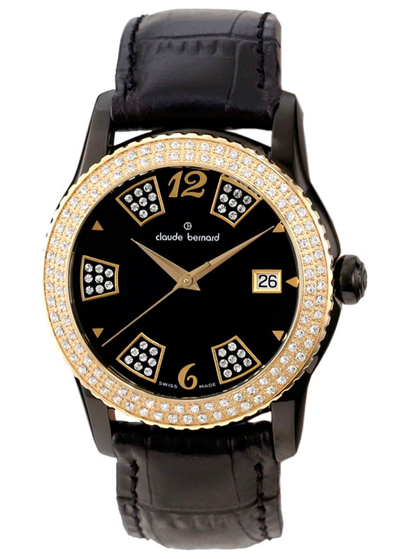 Часы женские Claude Bernard 61163-37NJPND fashion, круглые, черные с камнями и гарантией 24 месяца