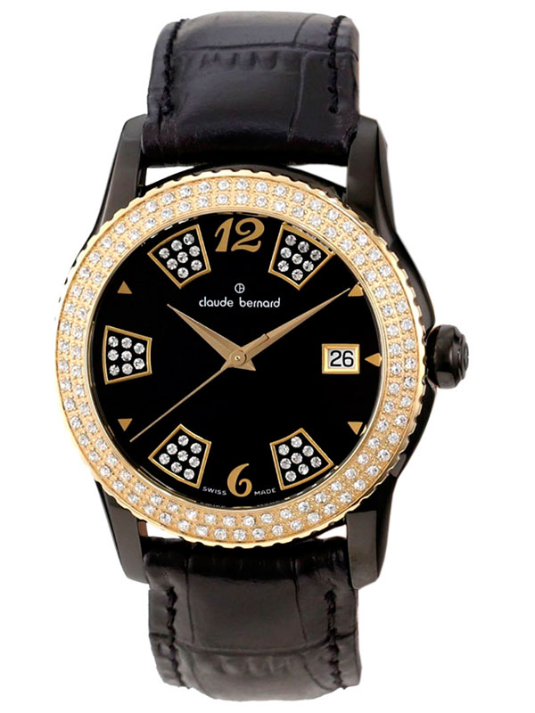 Годинник жіночий Claude Bernard 61163-37NJPND fashion, круглий, чорний з камінням та гарантією 24 місяці