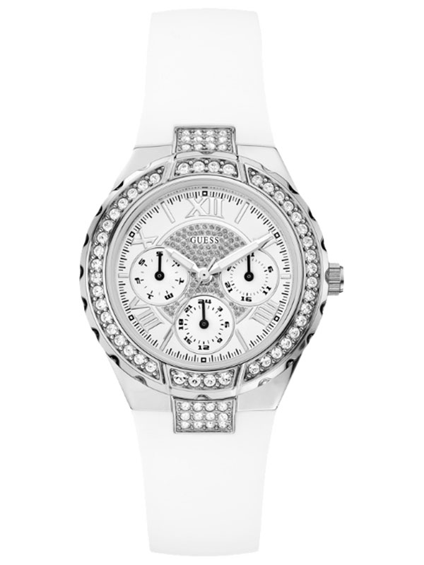 Женские часы GUESS W0300L1 спортивные, круглые, металлик с камнями и гарантией 24 месяца