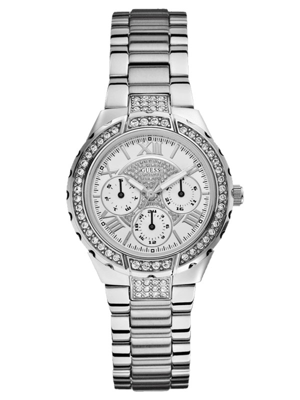 Годинник жіночий Guess W0111L1 спортивний, круглий, металік з камінням та гарантією 24 місяці