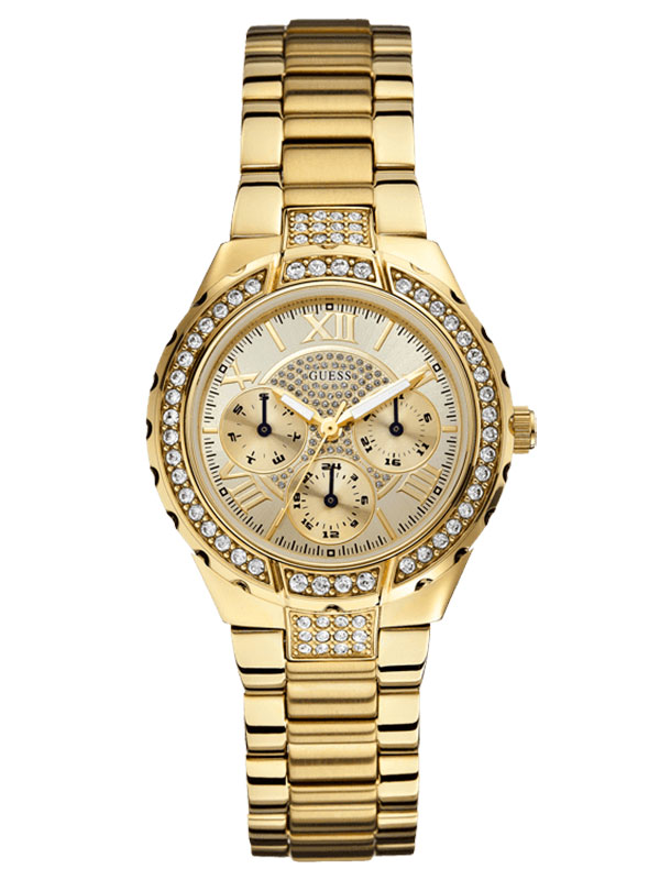 Годинник жіночий Guess W0111L2 спортивний, круглий, золото з камінням та гарантією 24 місяці