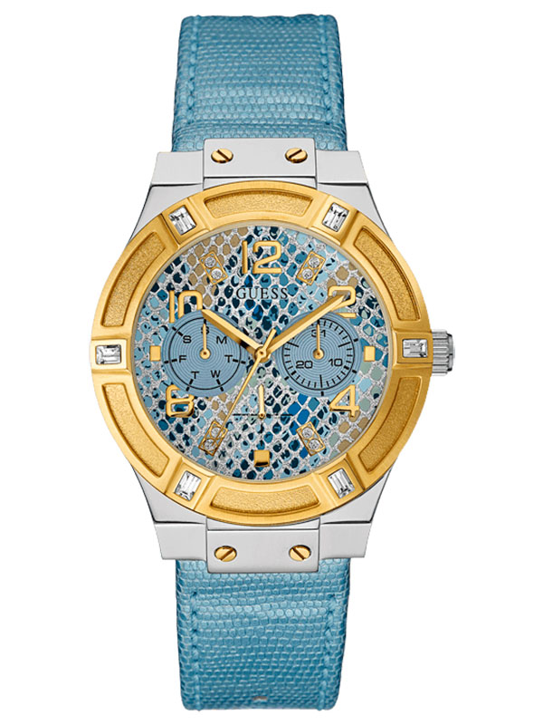 Женские часы GUESS W0289L2 спортивные, круглые, голубой с камнями и гарантией 24 месяца