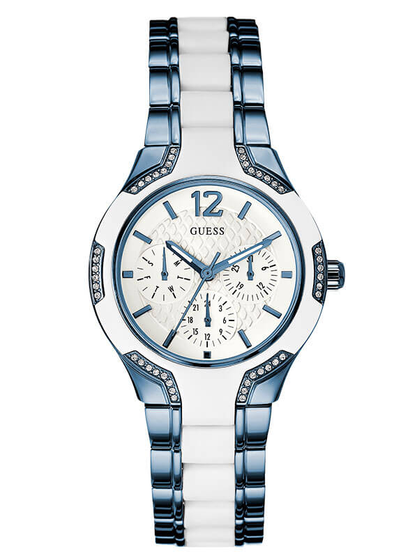 Женские часы GUESS W0556L9 спортивные, круглые, белые с камнями и гарантией 24 месяца