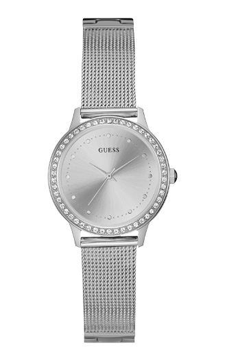 Женские часы GUESS W0647L6 классические, круглые, металлик с камнями и гарантией 24 месяца