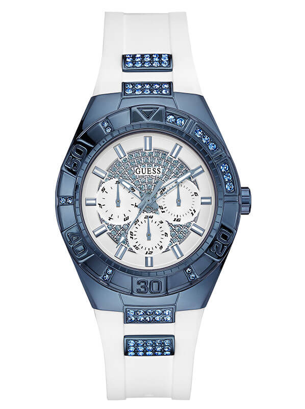 Женские часы GUESS W0653L2 спортивные, круглые, белые с камнями и гарантией 24 месяца