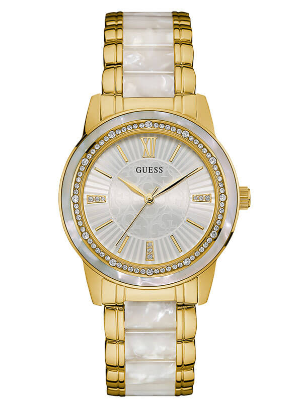 Женские часы GUESS W0706L3 fashion, круглые, перламутр с камнями и гарантией 24 месяца