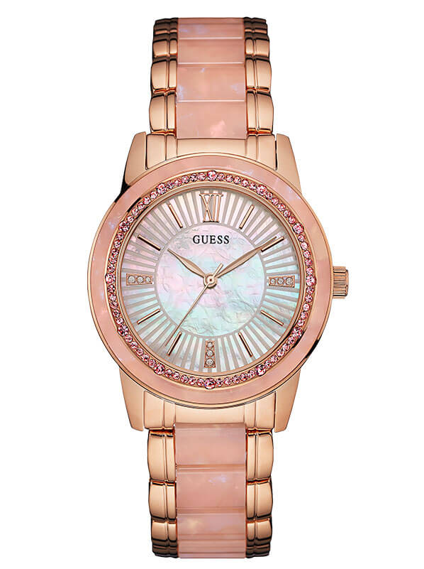 Женские часы GUESS W0706L4 fashion, круглые, перламутр с камнями и гарантией 24 месяца