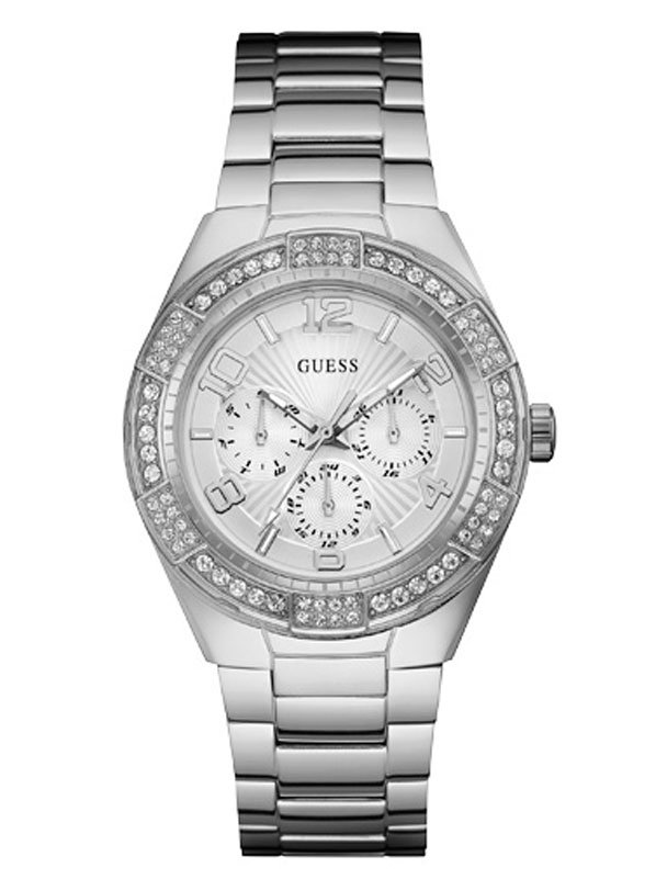 Женские часы GUESS W0729L1 fashion, круглые, металлик с камнями и гарантией 24 месяца