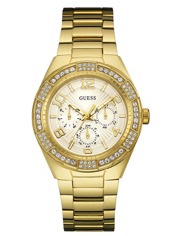 Женские часы GUESS W0729L2 fashion, круглые, золото с камнями и гарантией 24 месяца