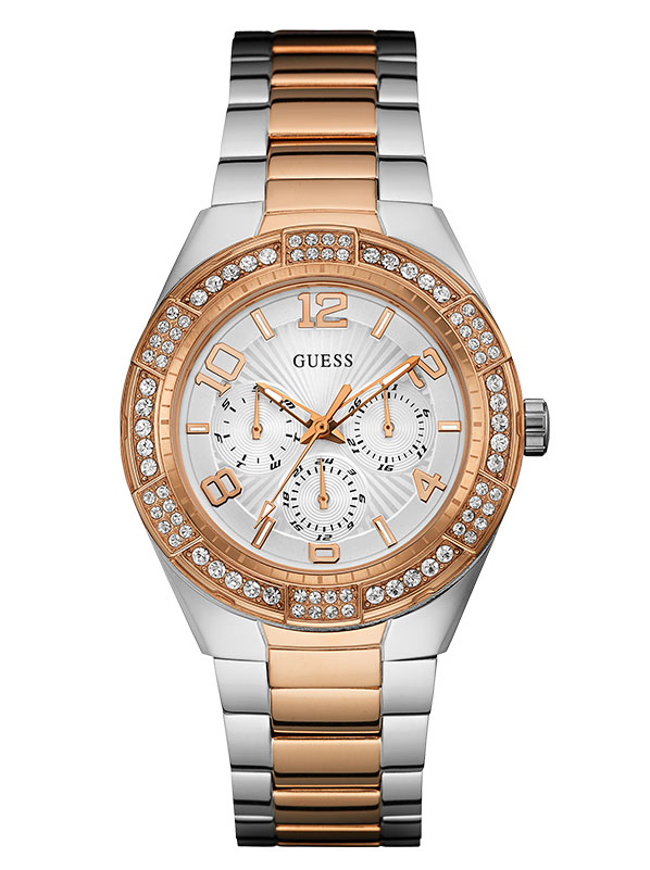 Женские часы GUESS W0729L4 fashion, круглые, перламутр с камнями и гарантией 24 месяца