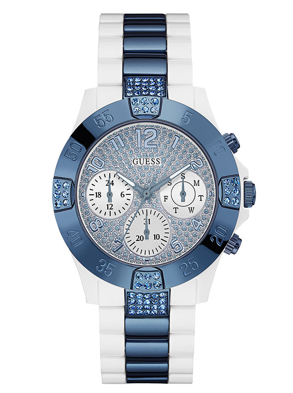 Женские часы GUESS W0741L2 спортивные, круглые, голубой с камнями и гарантией 24 месяца