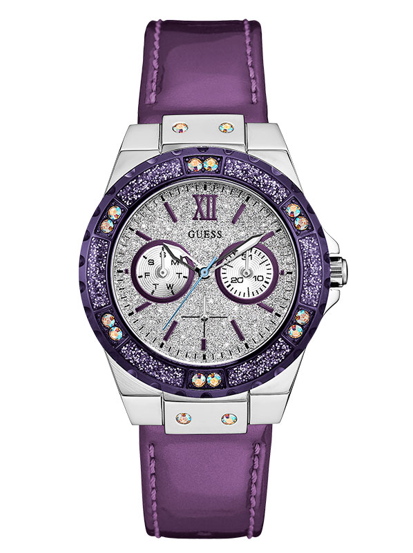 Женские часы GUESS W0775L6 классические, круглые, фиолетовые с камнями и гарантией 24 месяца