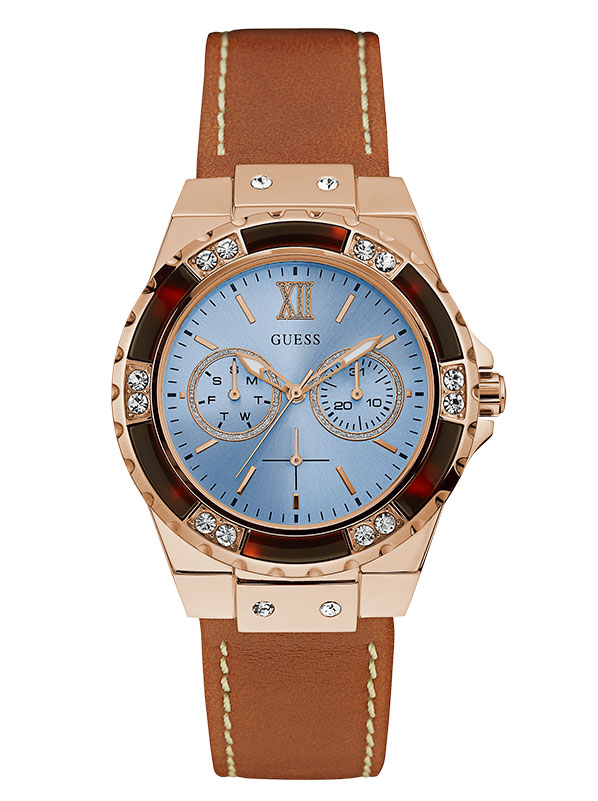 Женские часы GUESS W0775L7 классические, круглые, голубой с камнями и гарантией 24 месяца