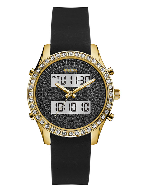 Женские часы GUESS W0818L2 классические, круглые, черные с камнями и гарантией 24 месяца