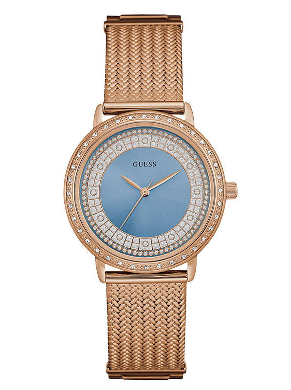 Годинник жіночий GUESS W0836L1 класичний, круглий, блакитний з камінням та гарантією 24 місяці