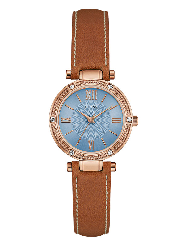 Женские часы GUESS W0838L2 классические, круглые, голубой с камнями и гарантией 24 месяца