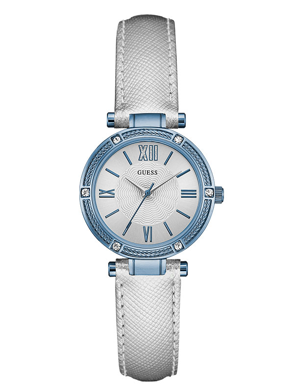 Женские часы GUESS W0838L3 классические, круглые, голубой с камнями и гарантией 24 месяца