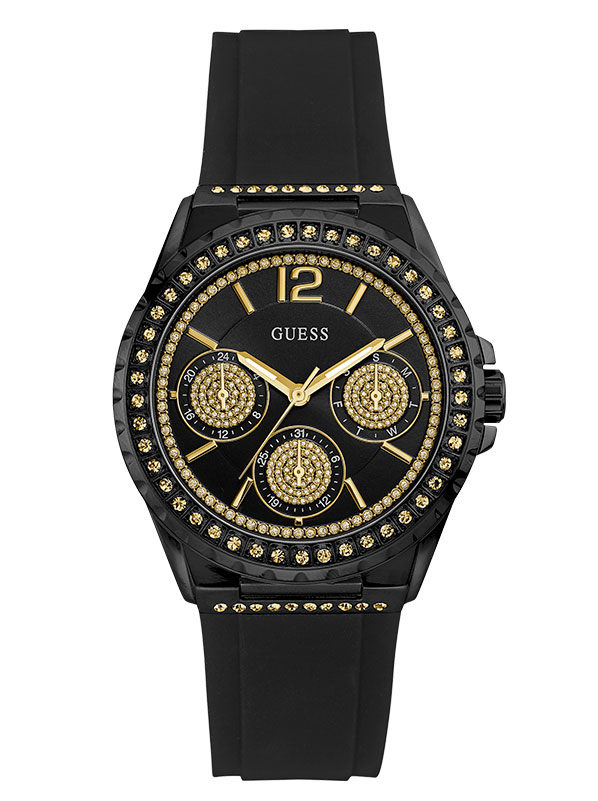 Годинник жіночий GUESS W0846L1 спортивний, прямокутний, чорний з камінням та гарантією 24 місяці