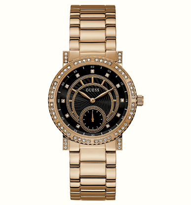 Годинник жіночий GUESS W1006L2 fashion, круглий, чорний з камінням та гарантією 24 місяці