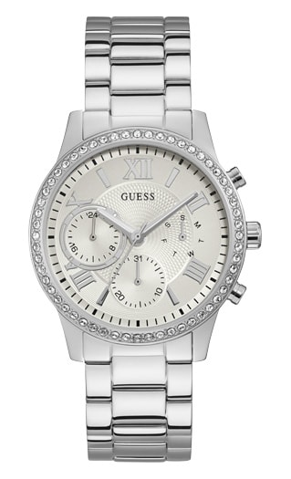 Женские часы GUESS W1069L1 классические, круглые, металлик с камнями и гарантией 24 месяца
