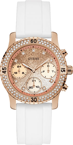 Женские часы GUESS W1098L5 fashion, круглые, золото с камнями и гарантией 24 месяца