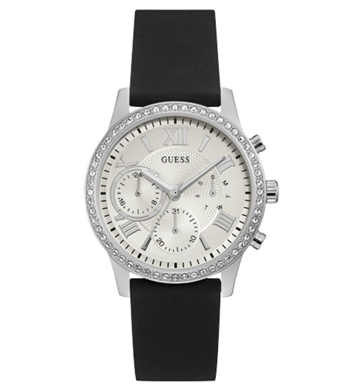 Женские часы GUESS W1135L5 спортивные, круглые, металлик с камнями и гарантией 24 месяца