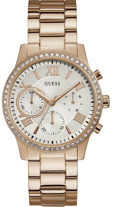 Женские часы GUESS W1069L3 классические, круглые, металлик с камнями и гарантией 24 месяца