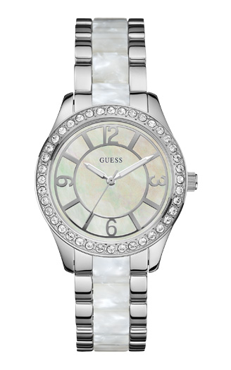 Часы женские Guess W0074L1 классические, круглые, перламутр с камнями и гарантией 24 месяца