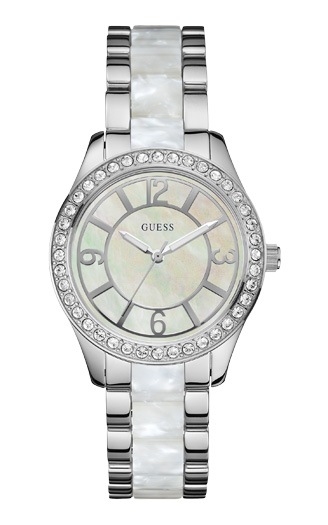 Годинник жіночий Guess W0074L1 класичний, круглий, перламутр з камінням та гарантією 24 місяці