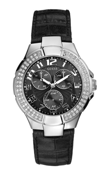 Женские часы Guess W11008L2 спортивные, круглые, черные с камнями и гарантией 24 месяца