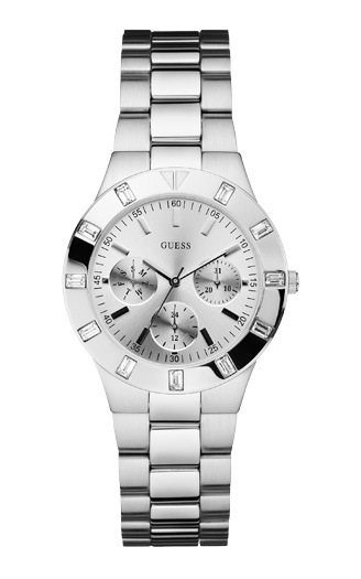 Часы женские Guess W11610L1 спортивные, круглые, металлик с камнями и гарантией 24 месяца