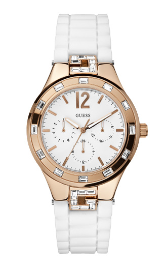 Годинник жіночий Guess W12120L1 спортивний, круглий, білий з камінням та гарантією 24 місяці