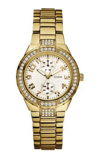 Часы женские Guess W15065L1 классические, круглые, бежевые с камнями и гарантией 24 месяца