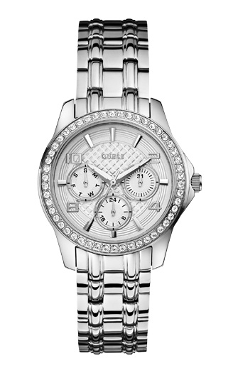 Женские часы GUESS W0403L1 спортивные, круглые, металлик с камнями и гарантией 24 месяца